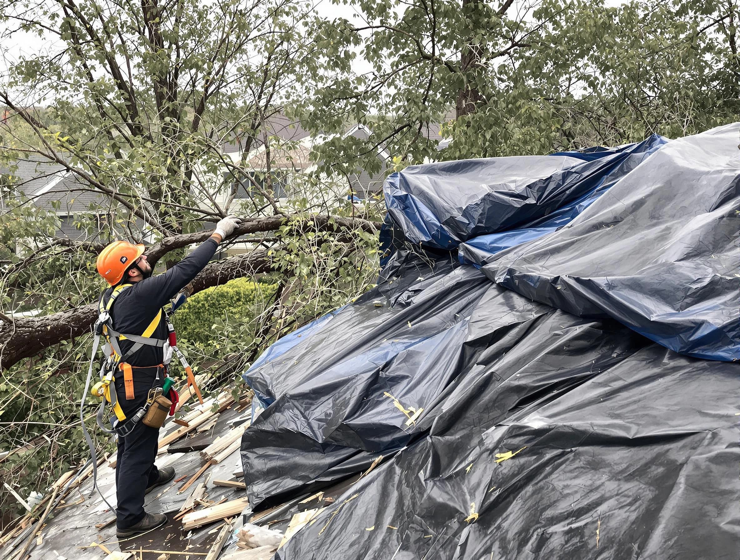 A tarped roof after storm damage repaired by Broadview Heights Roofing Company in Broadview Heights, OH