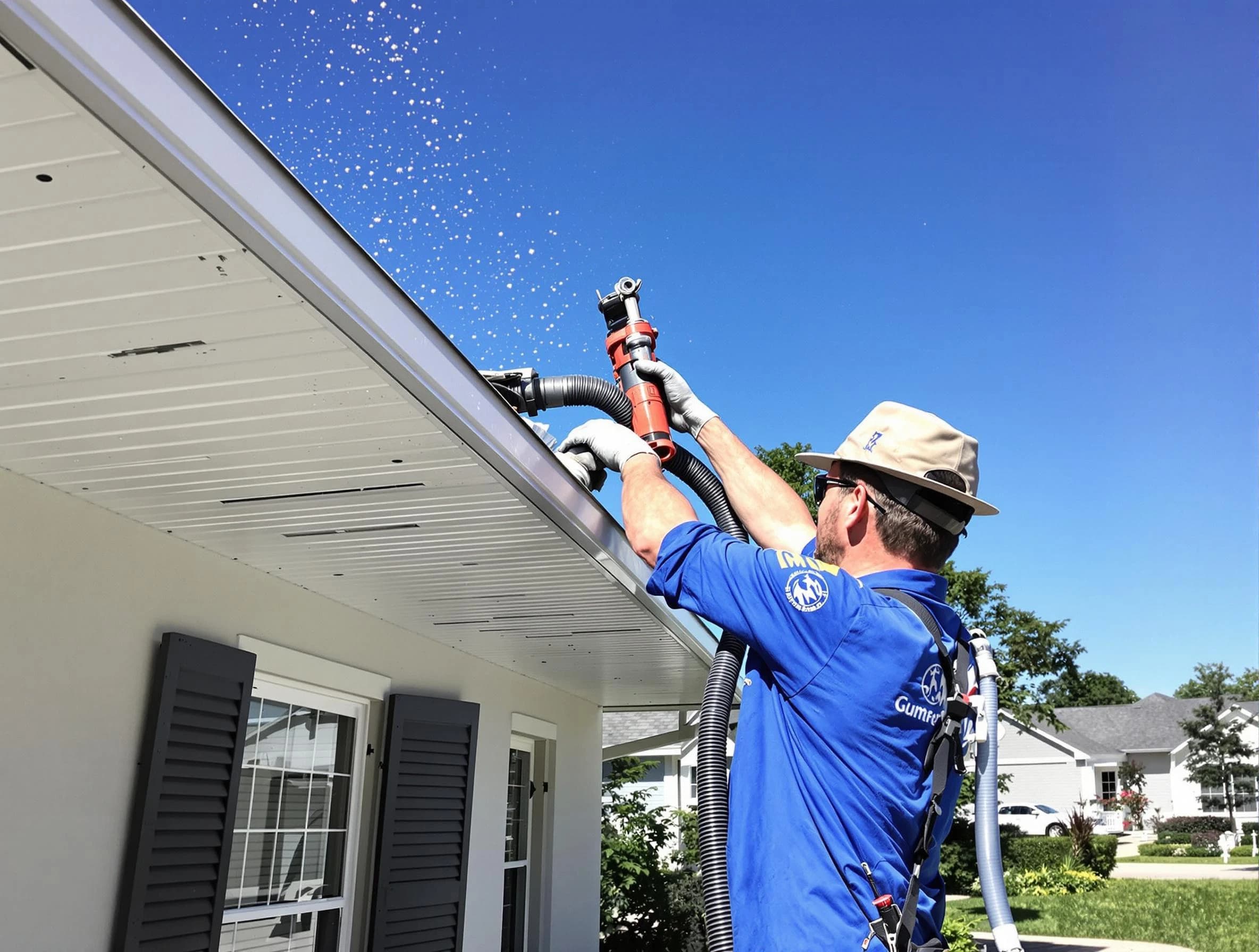 Technician completing a gutter cleaning project by Broadview Heights Roofing Company in Broadview Heights, OH